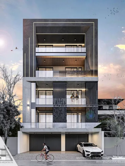 A contemporary residential proposal for East Punjabi Bagh. This design uses a prominent frame to outline the upper floors, with a mix of solid walls and perforated screens for texture and privacy.