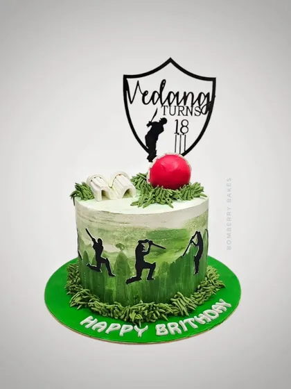 A cake for a cricket lover turning 18, featuring player silhouettes, a red ball, and stumps.