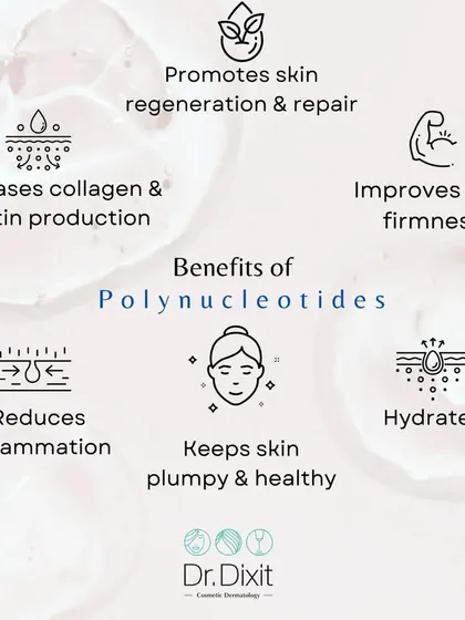 A quick look at the benefits of Polynucleotides. This powerful ingredient promotes skin regeneration, boosts collagen, improves firmness, reduces inflammation, and deeply hydrates the skin.