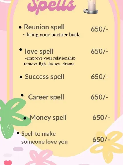 Here are some of my core spell offerings, including reunion, love, success, career, and money spells, all priced at 650 Rs. Each comes with a brief description of what it can achieve.