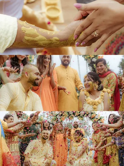 A collage that tells the story of a Haldi ceremony: the application of turmeric paste, the couple's reactions, and the grand finale of a flower petal shower. Every moment is packed with emotion.