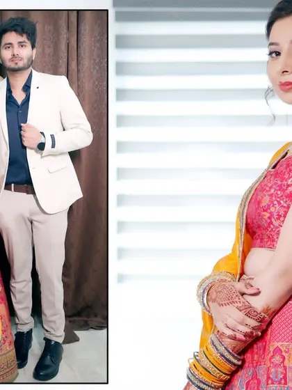 A diptych-style album layout showing both a couple portrait and a solo portrait of the bride from her engagement day. This highlights her full attire and details.