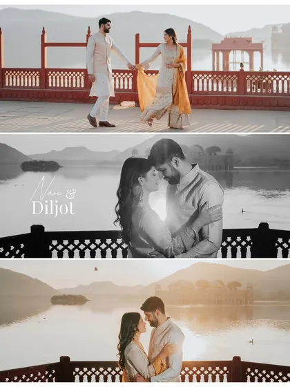 A collage of Navi and Diljot's pre-wedding shoot at Jal Mahal, capturing the beautiful morning light and their serene connection.