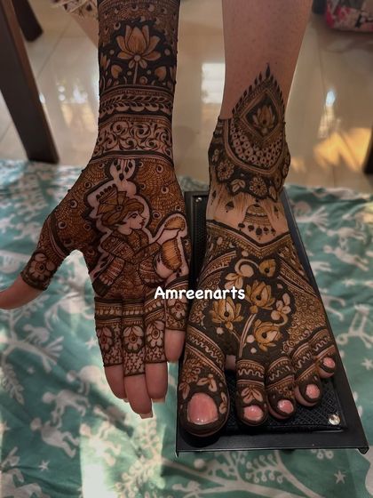A beautiful portrayal of a bride on the palm, complemented by matching intricate designs on the feet.