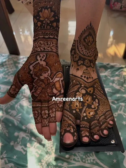 A beautiful portrayal of a bride on the palm, complemented by matching intricate designs on the feet.