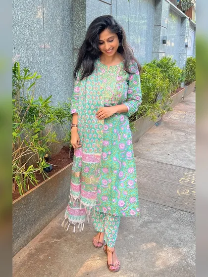 This green and pink floral printed suit with a matching dupatta is another beautiful piece from my festive drop. The colors are soft, yet vibrant.