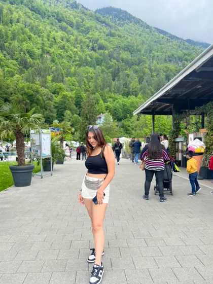 A casual look from a day of exploring in Europe. This shows a comfortable and practical travel outfit.