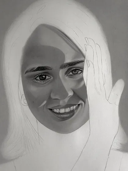 My self portrait in progress. This stage shows the face mostly complete, with the hair and hand still as outlines, giving a peek into my working method.