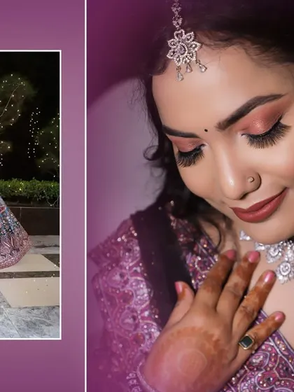 A photo album layout for an engagement, featuring a full-length shot of the bride-to-be in her gown and a close-up of her jewelry and makeup.