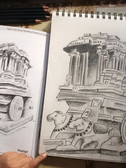 Sanchitha, who is 10 years old, sketching the famous Hampi stone chariot. This is a great exercise for understanding perspective and architectural detail in pencil shading.