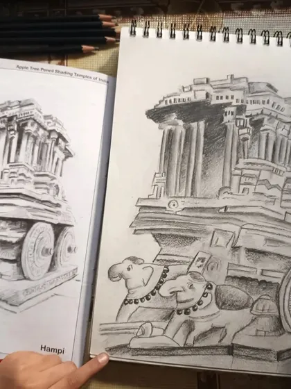 Sanchitha, who is 10 years old, sketching the famous Hampi stone chariot. This is a great exercise for understanding perspective and architectural detail in pencil shading.