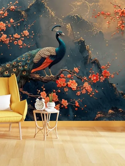 A dramatic wallpaper mural of a peacock on a mountain cliff, surrounded by vibrant orange blossoms. The dark, moody background makes the colors pop.