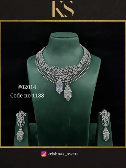 A premium quality American diamond bridal set with a floral motif. This all-white version is a classic and versatile choice for any modern bride.