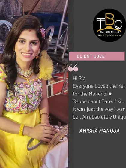 "It was just the way I wanted it to be... An absolutely Unique piece." Anisha's feedback on her custom yellow Mehendi outfit made my day! I love creating one-of-a-kind designs.