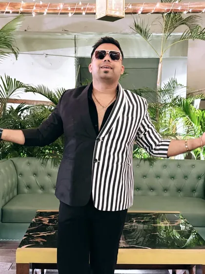 A full-view shot of my half-and-half jacket, perfect for a contemporary sangeet or cocktail event. My style is all about being unique and memorable.