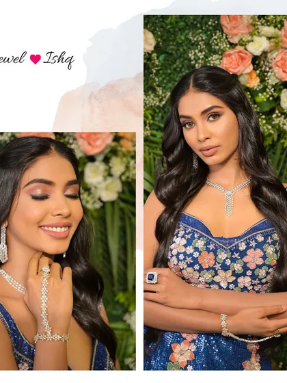 The perfect ensemble for a summer sangeet or reception. The model wears our minimal diamond necklace, matching earrings, and a delicate hathphool, creating a look that is chic and effortless.