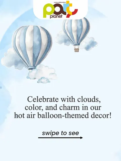 An introductory graphic for our hot air balloon theme, inviting you to celebrate with clouds, color, and charm.