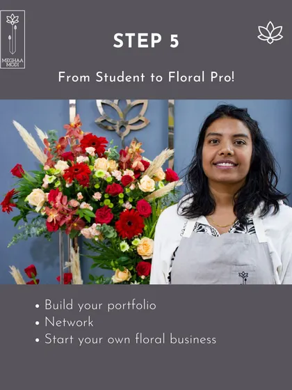 This is the goal: a proud student, a professional portfolio, and the skills to build a career. This photo captures the moment a student completes their final project, ready to step into the floral industry with confidence and a unique design voice.