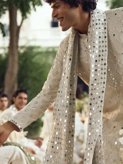 A candid shot from a wedding event, with a guest wearing an ivory mirror-work kurta with a matching stole.