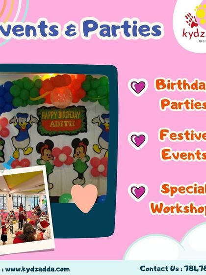 This graphic highlights the different types of events and parties we host, including birthday parties, festive events, and special workshops.