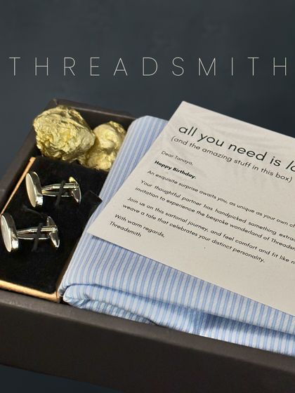 Gift a custom-tailored experience that reflects his personality. This set, including fabric for a shirt and a pair of cufflinks, is perfect for the groom who appreciates luxury.