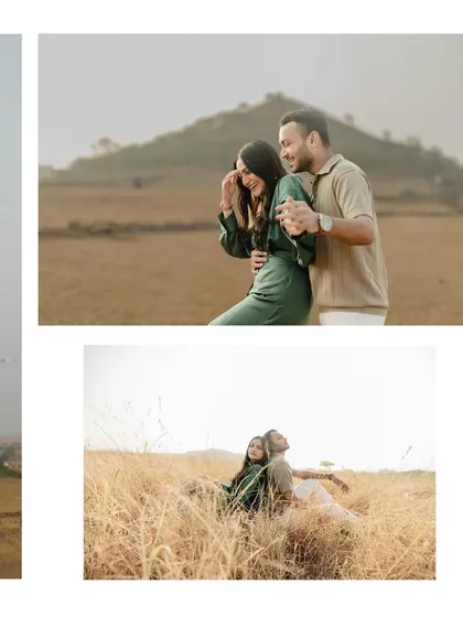 A collage of the couple in a rustic, hilly landscape. The candid laughter and the quiet moments together show the different sides of their relationship.