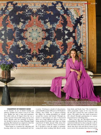 A beautiful portrait of our client Rasika Kajaria in her home, featured in Hello! India. The stunning hand-knotted carpet behind her is an example of the kind of large-scale art pieces the home was designed to accommodate.
