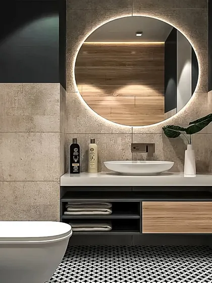 This modern bathroom design features a floating vanity, a vessel sink, and a large, backlit circular mirror that creates a dramatic focal point. The combination of concrete-finish tiles, patterned flooring, and warm wood accents gives the space a contemporary yet inviting feel.