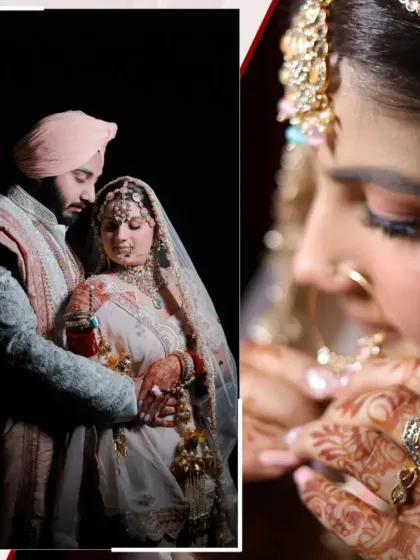 A stylish and modern wedding portrait of a Sikh couple. The split-screen design contrasts a full couple shot with a close-up of the bride's intricate jewelry and makeup.
