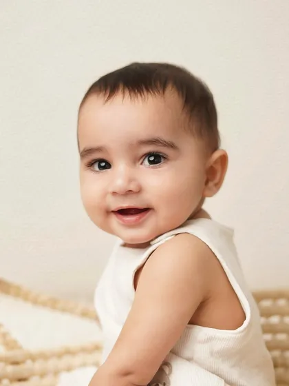 A lovely profile shot of the smiling baby. The clean, simple background ensures that his adorable face is the star of the show.