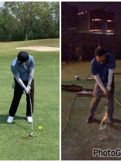 At impact, the 'after' swing is much more dynamic. The body is rotating through the shot, and the hands are leading the clubhead, which is key for compression and power.