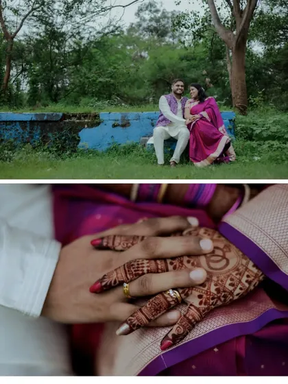 A wide shot of the couple enjoying a quiet moment together, paired with a detailed close-up of their intertwined hands.