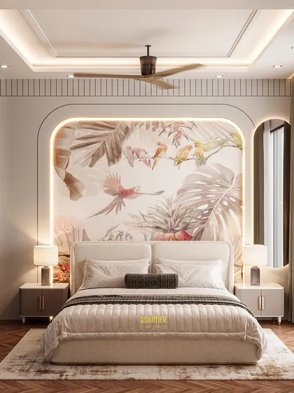 The bed wall of the same contemporary master bedroom. The design features a large, backlit wallpaper panel in a reverse arch shape, creating a stunning and romantic focal point.