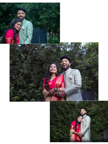 A collage showcasing different happy and romantic moments from the couple's outdoor engagement shoot.