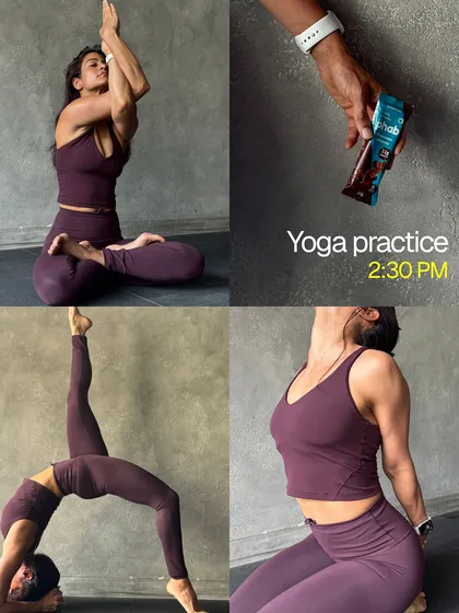 An afternoon yoga practice helps me reset. Here you can see me moving through poses like Gomukhasana (Cow Face Pose) and a one-legged wheel pose, fueled by a healthy snack.
