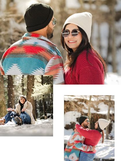 A collage showcasing a fun and cozy pre-wedding shoot in the snow-covered Sissu Valley.