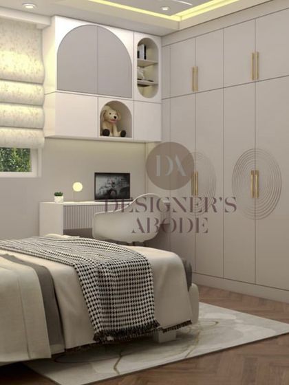 A whimsical kids' bedroom design that combines a study area with extensive wardrobe storage. The use of arched niches and soft colors creates a space that is both playful and highly functional.