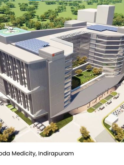 The render for Yashoda Medicity in Indirapuram illustrates our focus on integrating wellness spaces. The design includes a large rooftop green terrace and an internal courtyard, offering patients and staff a connection to nature for stress reduction and recovery.