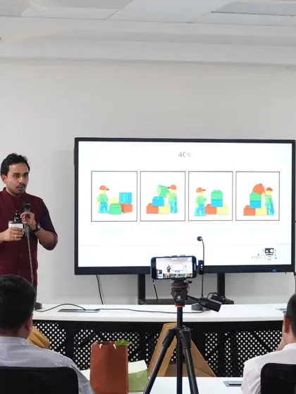 Mr. Vishnu Agarwal explains the 4 C's of LEGO Education (Connect, Construct, Contemplate, Continue) during his presentation at the Param Science seminar.