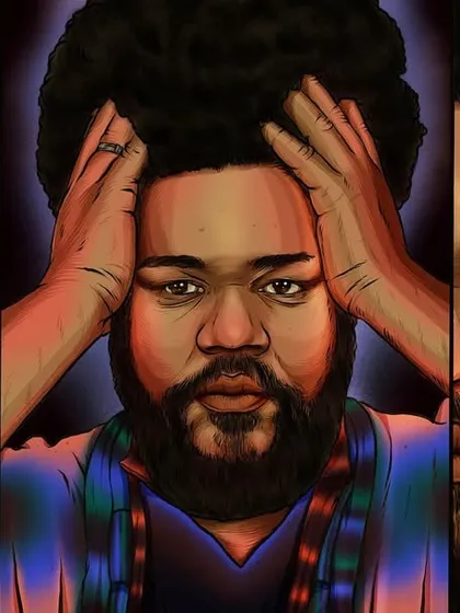 An alternate version of the Amaro Freitas portrait, framed by a glowing circular element that adds to the piece's hypnotic feel.