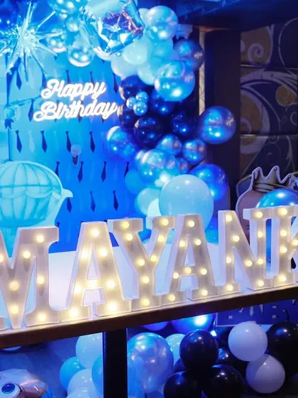 For this 'Boss Baby' themed birthday, we created a stylish and fun atmosphere. The setup included a custom backdrop with blue mood lighting, themed balloon decor, and personalized marquee letters spelling out the birthday boy's name, making him the star of the show.