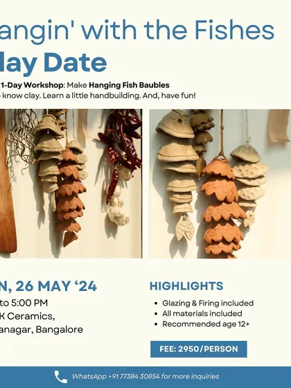Make your own hanging fish baubles in this fun, one day workshop. You will learn to shape, texture, and assemble these delightful decorative pieces to take home.