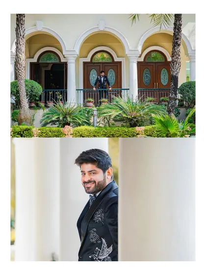 A collage of the groom's portraits, showcasing his stylish embroidered tuxedo from different angles against the elegant architecture of the venue.