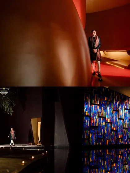 A collage of the groom's portraits in a unique, modern venue, using dramatic lighting and architecture to create artistic shots.