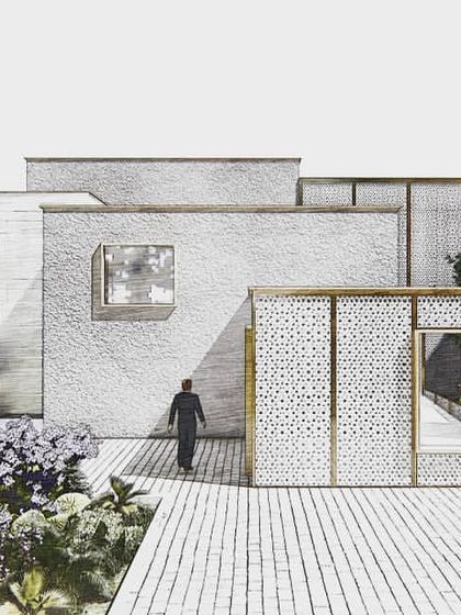 A conceptual sketch for Residence C in New Delhi. The design envisions the house as a cluster of individual pavilions scattered within a garden, each with its own character defined by subtle plays of scale, materiality, and proportion.