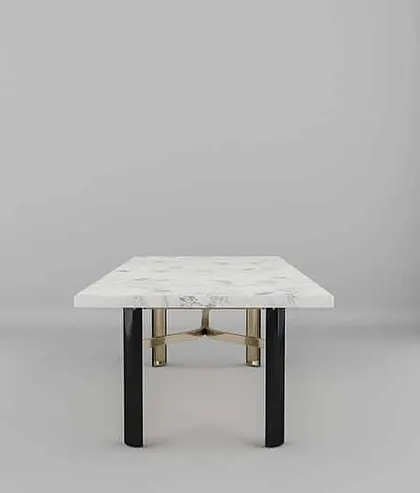 A side profile of the Delight dining table, emphasizing its minimalist aesthetic and the stability of its well-crafted base.