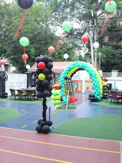 A wide shot of the 'Cars' themed party setup in our outdoor area.