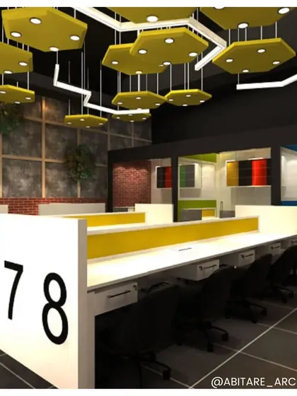 Open-plan workstations at the Supreme Securities office, featuring vibrant yellow hexagonal ceiling panels and numbered desk dividers. This playful yet functional design fosters a dynamic and collaborative work environment.