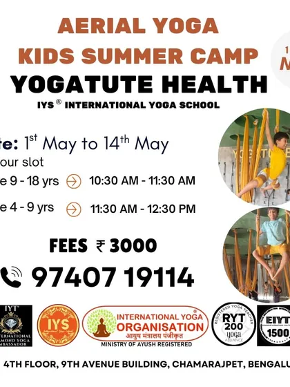 The flyer for our dedicated Aerial Yoga kids' camp, with different time slots for different age groups to ensure focused and age-appropriate instruction.