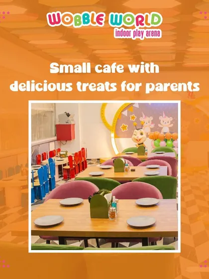 A look inside our small café, which offers delicious treats for parents. The colorful and kid-friendly seating makes it a cheerful spot for everyone.
